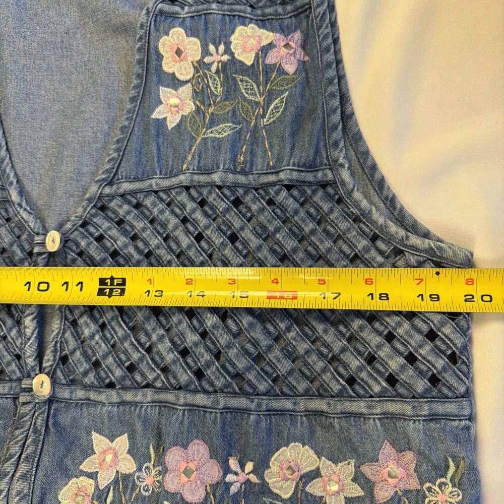 Vtg Tantrum Blues Floral Jean Vest LP Cottagecore Coastal Grandma Boho Lattice - Picture 6 of 11